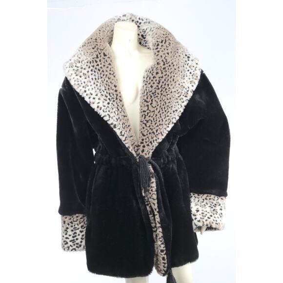 Vintage Black Faux Fur Shearling Coat Leopard Print Collar Cuffs Plush Size M - Picture 2 of 14